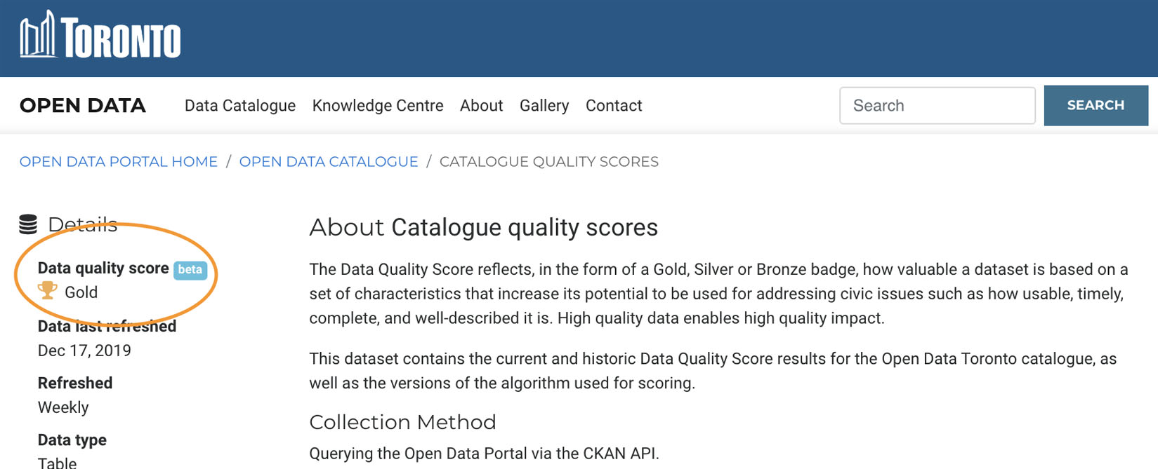 screenshot of data quality score on a sample dataset