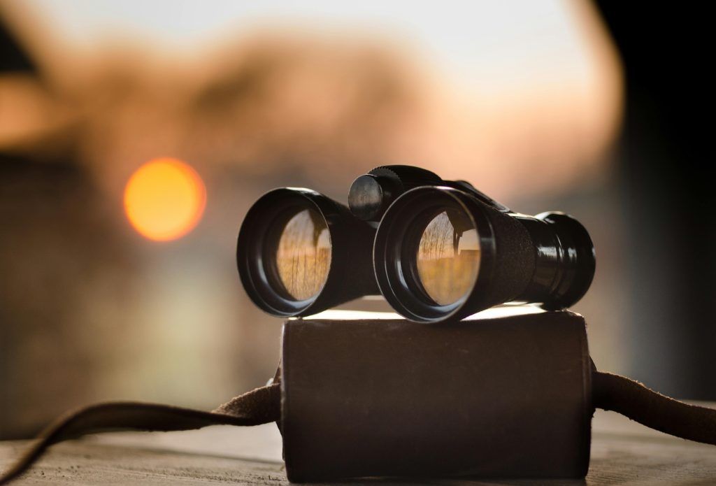 A pair of binoculars resting on a desk.