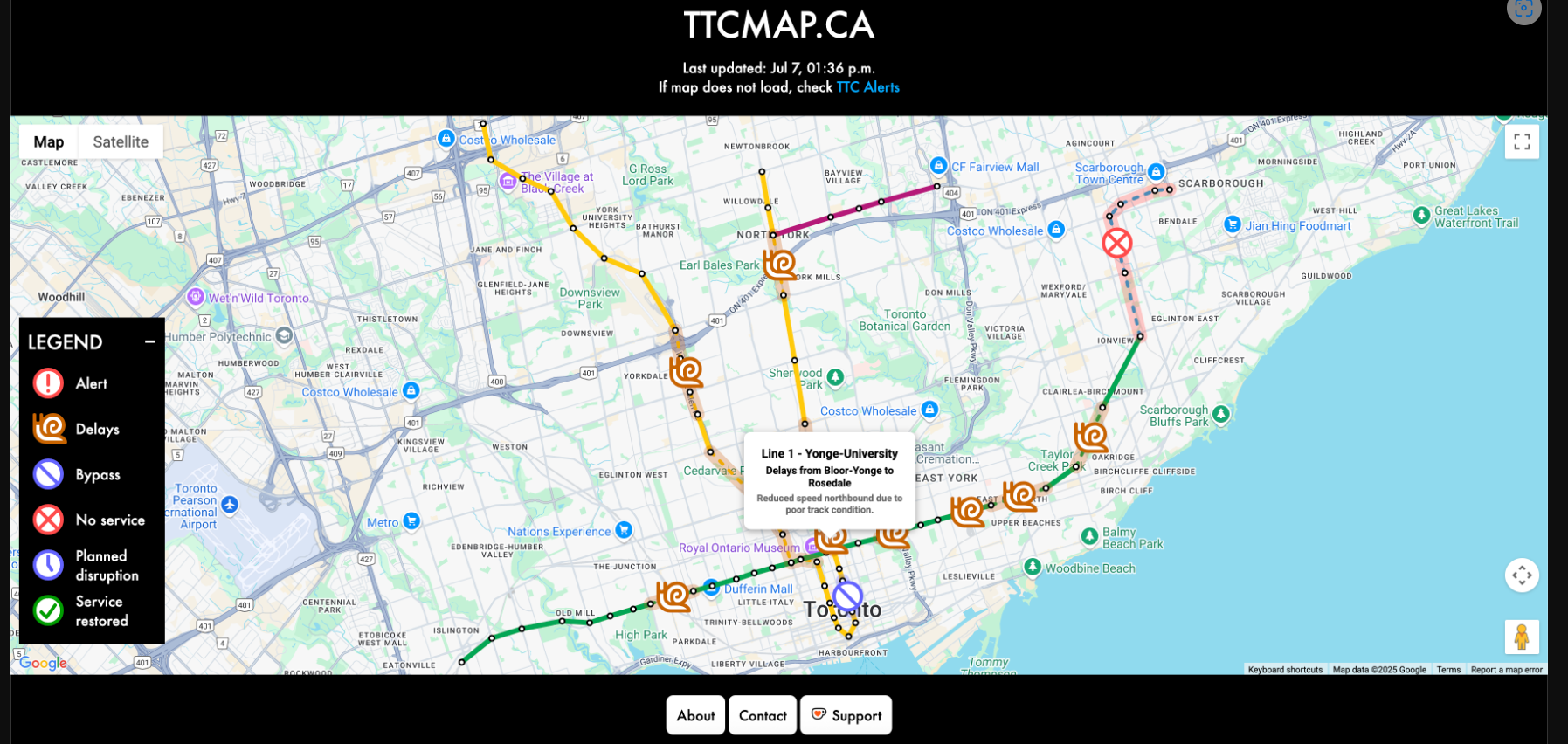 TTCmap.ca - a real-time network status map screenshot