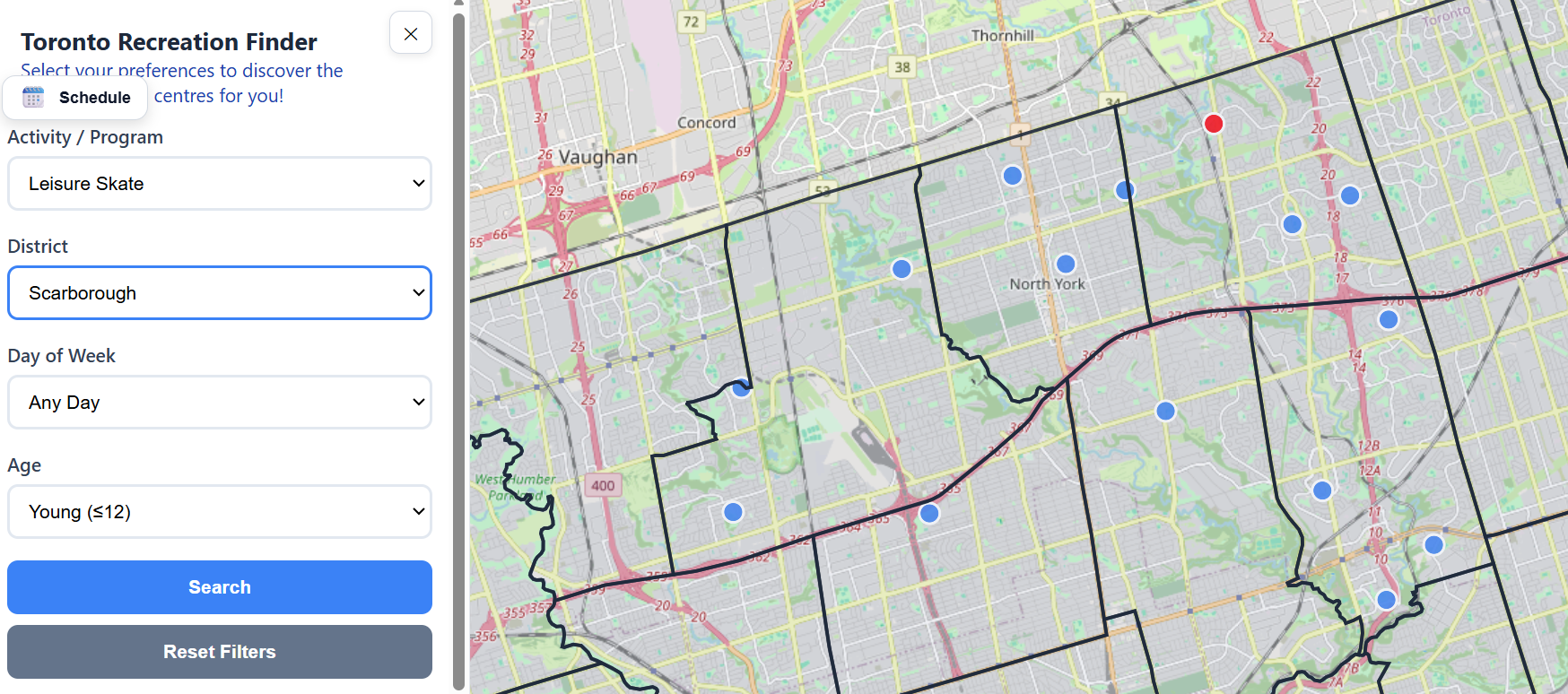 Toronto Recreation Centre Finder screenshot